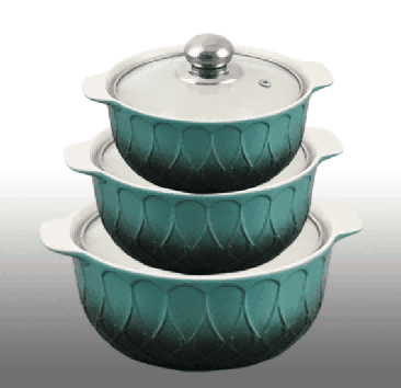 Green Gradient Butterfly Relief Double-Handle Porcelain Soup Pot Set of 3