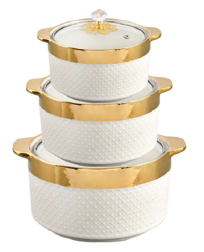 Gold-Rimmed Beaded Porcelain Double Handle Casserole