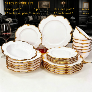 24Pcs White Ceramic Dinner Set with Gold Embossed Rim