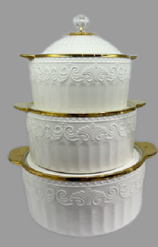 Set of 3 Gold-Rimmed Scalloped Porcelain Double Handle Casseroles with Ceramic Knob