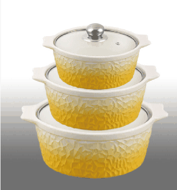 Yellow & White Gradient Melon Texture Double-Handle Porcelain Soup Pot Set of 3