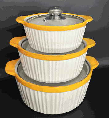 Yellow Vertical Ribbed Double-Handle Porcelain Soup Pot Set of 3