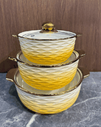 Yellow & White Electroplated Wave-Inspired Texture Double-Handle Porcelain Soup Pot Set of 3