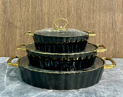 Set of 3 Black Metallic Ribbed Porcelain Baking Dishes