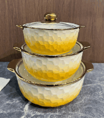 Yellow & White Electroplated Geometric Texture Double-Handle Porcelain Soup Pot Set of 3