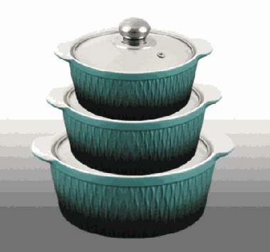 Green Gradient Woven Texture Double-Handle Porcelain Soup Pot Set of 3