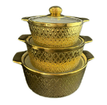 Metallic Electroplated Grid Texture Double-Handle Porcelain Soup Pot Set of 3