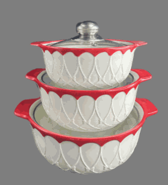 Red Butterfly Relief Double-Handle Porcelain Soup Pot Set of 3