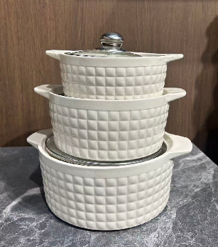 Set of 3 White Pumpkin-Ribbed Porcelain Soup Pots