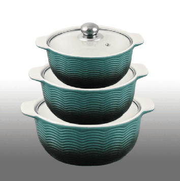 Green Gradient Wave Texture Double-Handle Porcelain Soup Pot Set of 3