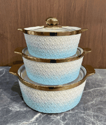 Blue & White Electroplated Grid Texture Double-Handle Porcelain Soup Pot Set of 3
