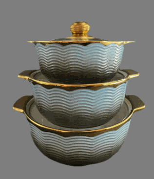Blue Electroplated Wave Texture Double-Handle Porcelain Soup Pot Set of 3