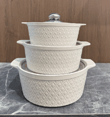 White Grid Texture Double-Handle Porcelain Soup Pot Set of 3