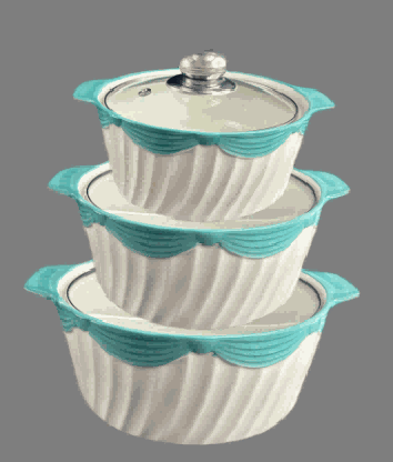 Green Bow Relief Double-Handle Porcelain Soup Pot Set of 3