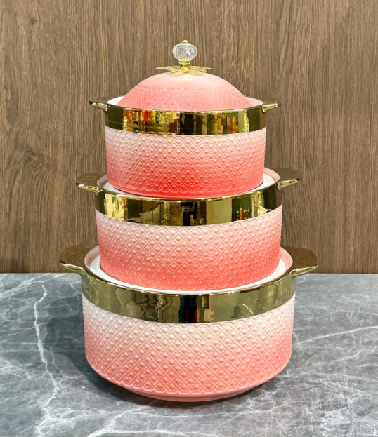 Red Gold-Rimmed Beaded Porcelain Double Handle Casserole