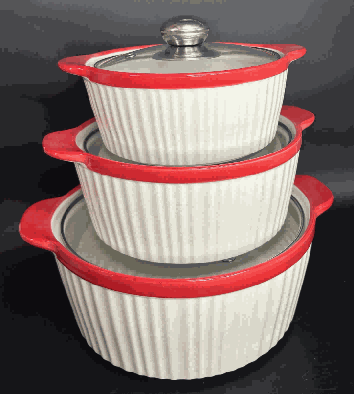 Red Vertical Ribbed Double-Handle Porcelain Soup Pot Set of 3