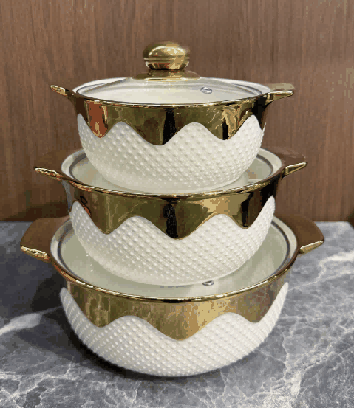 Metallic Electroplated Snowflake Relief Double-Handle Porcelain Soup Pot Set of 3