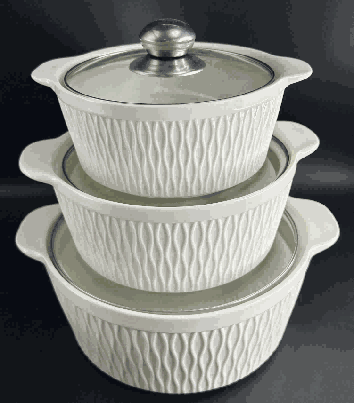 White Woven Texture Double-Handle Porcelain Soup Pot Set of 3