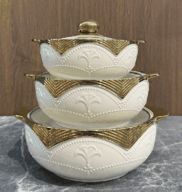 Metallic Electroplated Ginkgo Leaf Relief Double-Handle Porcelain Soup Pot Set of 3