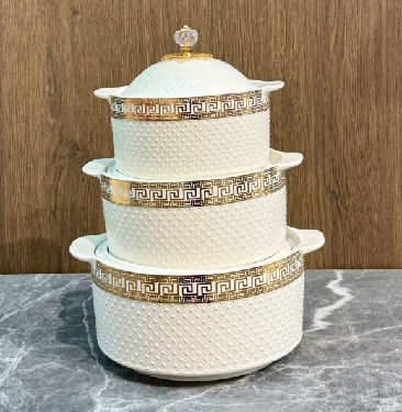 Gold Letter Beaded Porcelain Double Handle Casserole with Metal Floral Knob