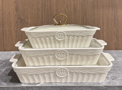 Set of 3 White Angel Motif Porcelain Baking Dishes