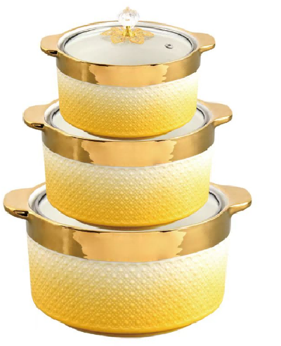 Yellow Gold-Rimmed Beaded Porcelain Double Handle Casserole