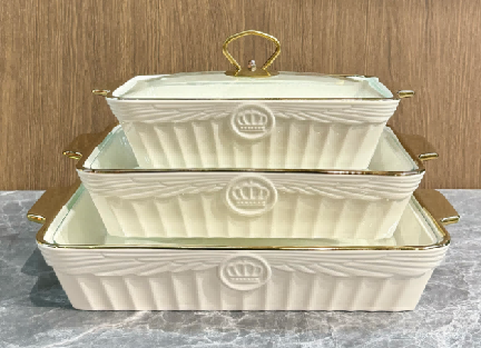Set of 3 Metallic Angel Motif Porcelain Baking Dishes