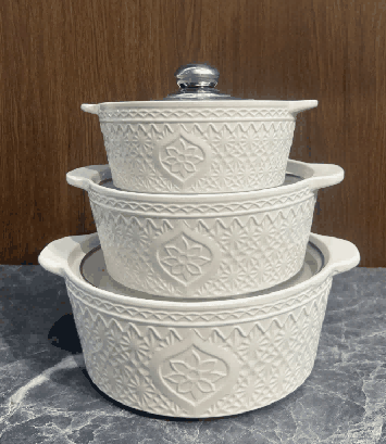 White Double-Handle Porcelain Soup Pot Set of 3