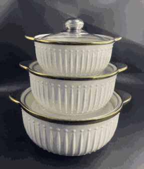 Metallic Electroplated Crown Relief Double-Handle Porcelain Soup Pot Set of 3