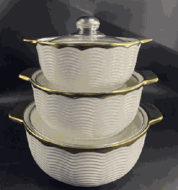 Metallic Electroplated Wave Texture Double-Handle Porcelain Soup Pot Set of 3