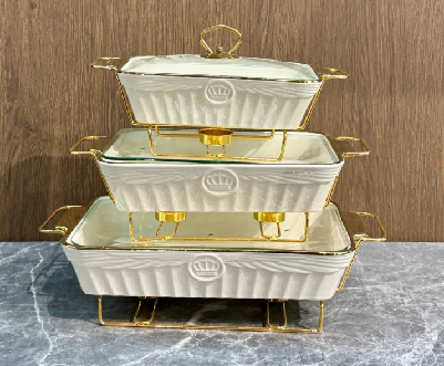 Set of 3 Metallic Angel Motif Porcelain Baking Dishes with Metal Rack