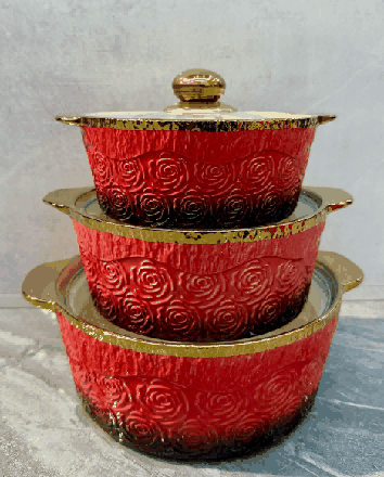 Red Electroplated Rose Relief Double-Handle Porcelain Soup Pot Set of 3