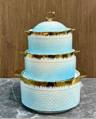 Blue Brushed Gold Beaded Porcelain Double Handle Casserole with Ceramic Knob