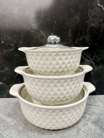 White Diamond Texture Double-Handle Porcelain Soup Pot Set of 3