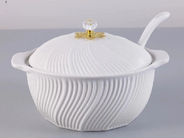 White Swirl Porcelain Ceramic Soup Pot with Spoon