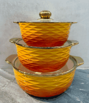 Yellow Electroplated Wave-Inspired Texture Double-Handle Porcelain Soup Pot Set of 3
