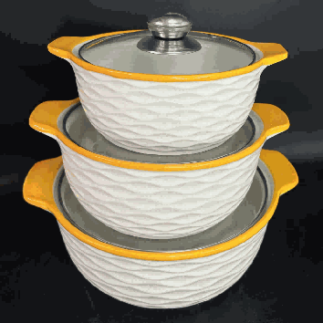 Yellow Wave-Inspired Texture Double-Handle Porcelain Soup Pot Set of 3