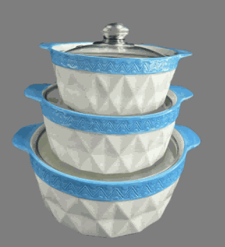 Blue Pyramid Texture Double-Handle Porcelain Soup Pot Set of 3