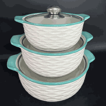 Green Wave-Inspired Texture Double-Handle Porcelain Soup Pot Set of 3