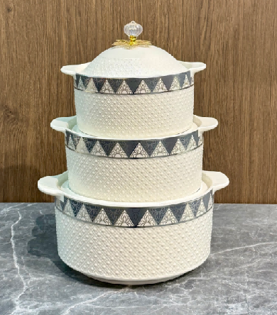 Grey Grey Grid Beaded Porcelain Double Handle Casserole with Metal Floral Knob
