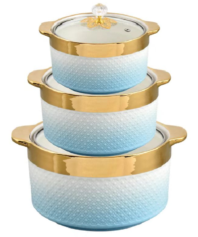 Blue Gold-Rimmed Beaded Porcelain Double Handle Casserole