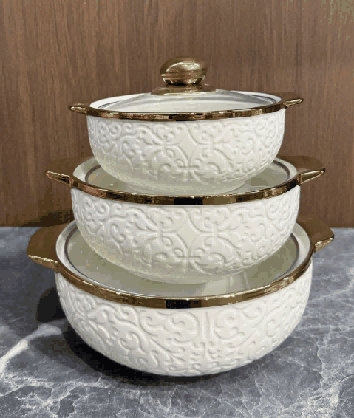 Metallic Electroplated Vine Scroll Relief Double-Handle Porcelain Soup Pot Set of 3