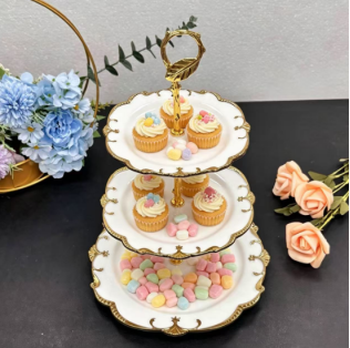 3-Tier White Ceramic Cake Stand with Gold Rim