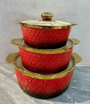 Red Gradient Grid Texture Double-Handle Porcelain Soup Pot Set of 3