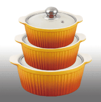 Yellow Gradient Vertical Ribbed Double-Handle Porcelain Soup Pot Set of 3