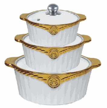 Metallic Electroplated Chain Relief Double-Handle Porcelain Soup Pot Set of 3