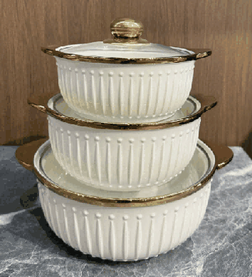 Metallic Electroplated Crown Relief Double-Handle Porcelain Soup Pot Set of 3