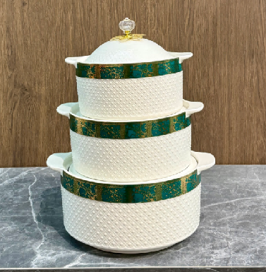 Green Green Crescent Beaded Porcelain Double Handle Casserole with Metal Floral Knob