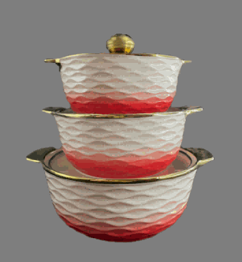 Red & White Electroplated Wave-Inspired Texture Double-Handle Porcelain Soup Pot Set of 3