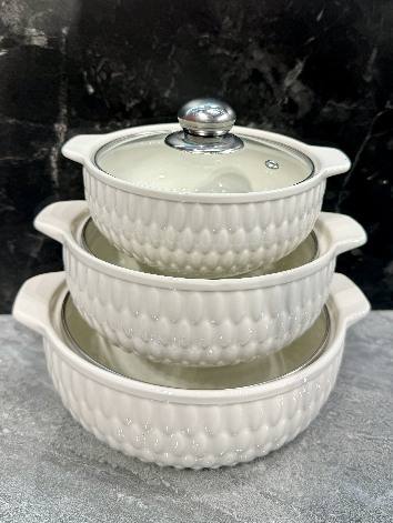White Rice Grain Texture Double-Handle Porcelain Soup Pot Set of 3